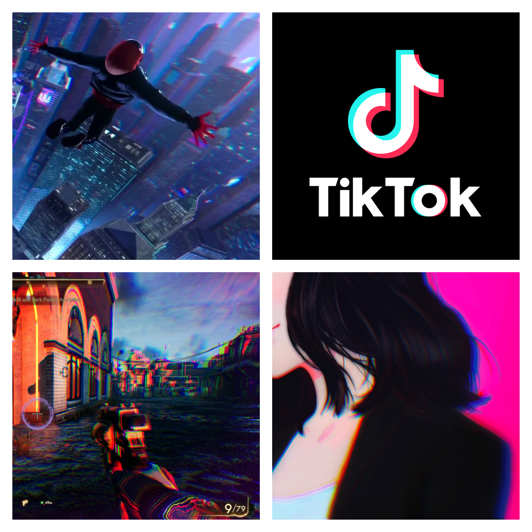 examples of chromatic aberration: spider verse, tiktok logo, Outer Worlds, art